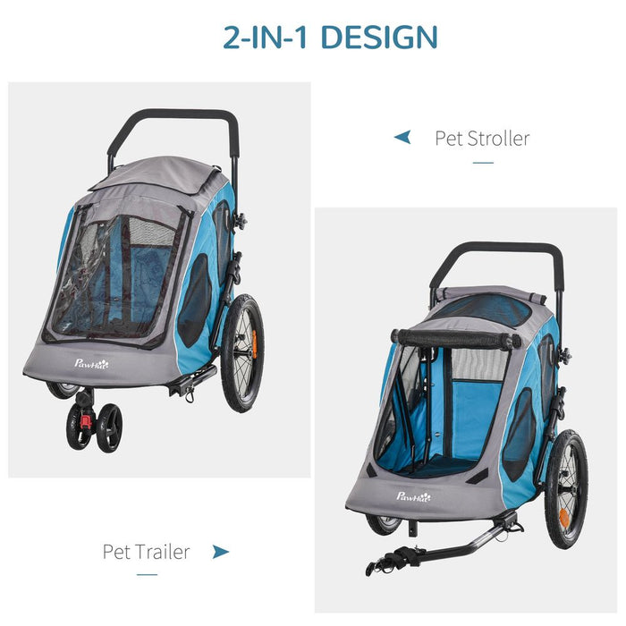 PawHut 2 IN 1 Dog Bike Trailer Pet Carrier Stroller 360° Rotatable Front Wheel Reflectors Parking Straps Hitch Coupler Cup Holder Water Resistant Blue