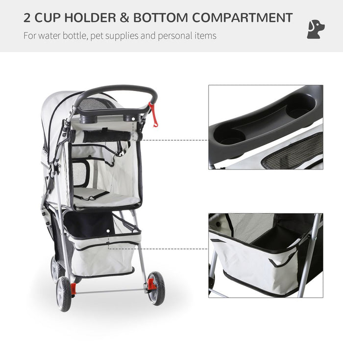 PawHut Pet Stroller for Small Dogs Cats Foldable Travel Carriage with Wheels Zipper Entry Cup Holder Storage Basket Grey