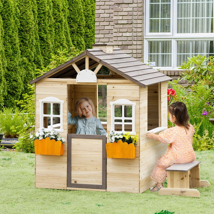 Spacious Wooden Kids Playhouse w/ Door, Windows, Bench - Ages 3-7