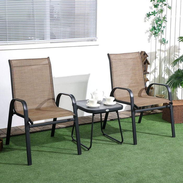 Outsunny 3PCs Bistro Set: Breathable Mesh Fabric, PSC Board Top, Strong Steel Frame. Ideal for Outdoor Spaces. Brown