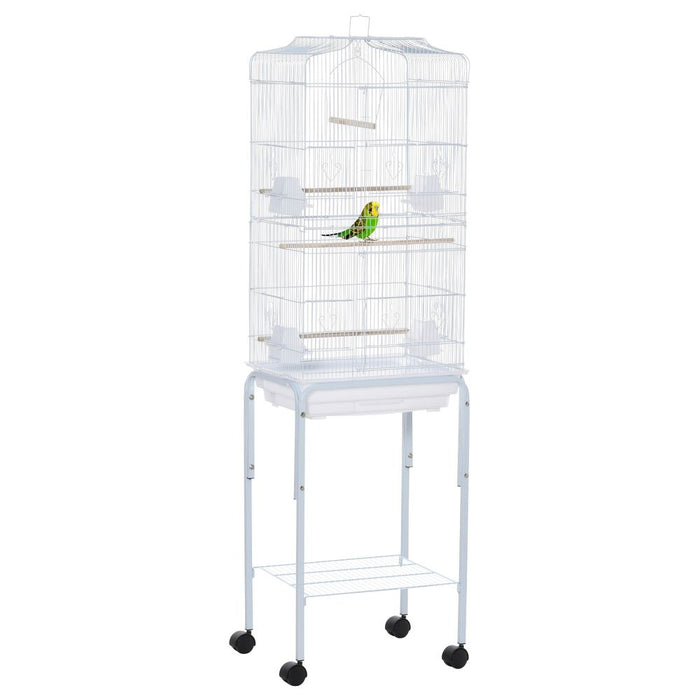 PawHut Bird Cage Budgie Cages for Finch Canary Parakeet with Stand Wheels Slide-out Tray Accessories Storage Shelf, White 46.5 x 36 x 157 cm