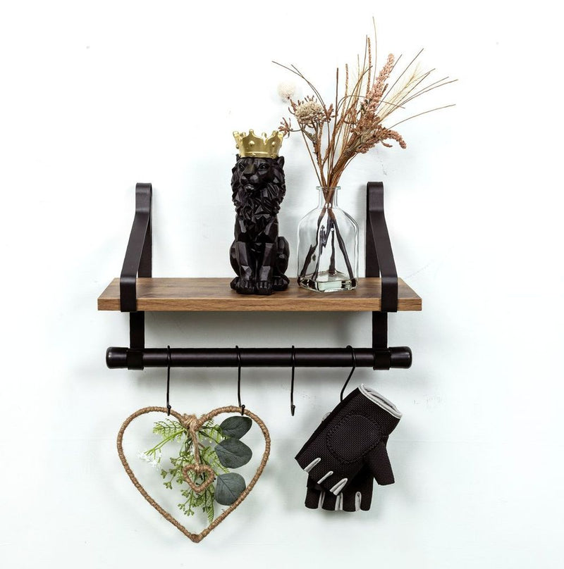 Dark Oak Wall Shelf with Black Rail - PARGI: Professional-Quality, 1 Tier, 15mm MDF+Iron, Black+Oak