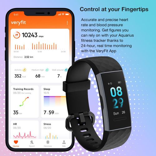Aquarius IP67 Waterproof Bluetooth Fitness Tracker with Heart Rate Monitor and Step Counter - Black