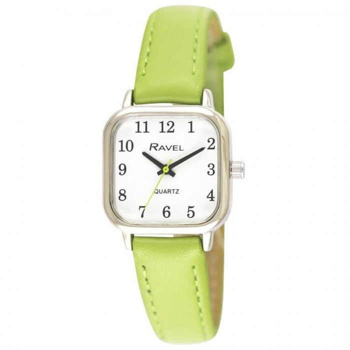 Ravel Ladies Bright Green Leather Strap Watch - Cushion-shaped, High Quality