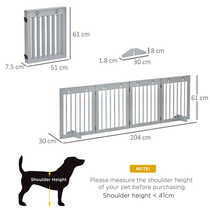 PawHut Dog Barrier 4-Piece 204 x 61 cm Foldable Door Safety Gate with 2 Support Feet, Freestanding Dog Gate, Wooden Stair Gate for Hallway, Stairs, Light Grey