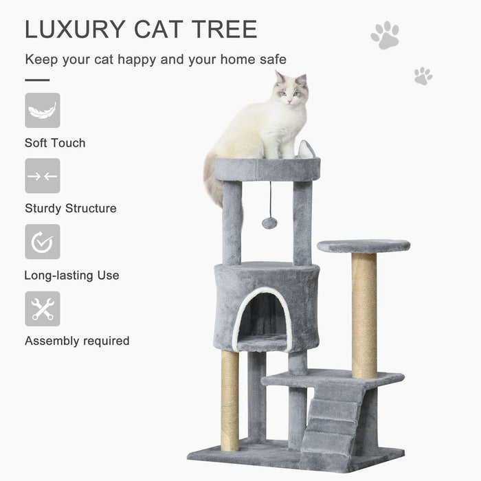 Ultimate Cat Tree: 100cm, Climbing Ladder, Scratching Post & Ball - Professional Quality, Light Grey Pawhut