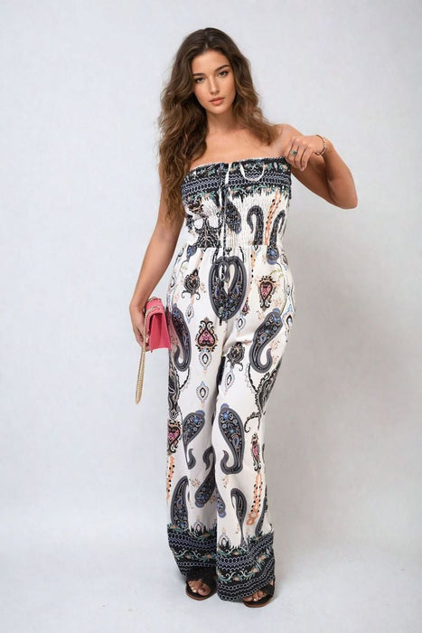 Shirred Strapless Printed Jumpsuit - Effortlessly Chic & Comfortable - Vibrant Print & Wide-Leg Pants - Versatile & High-Quality.