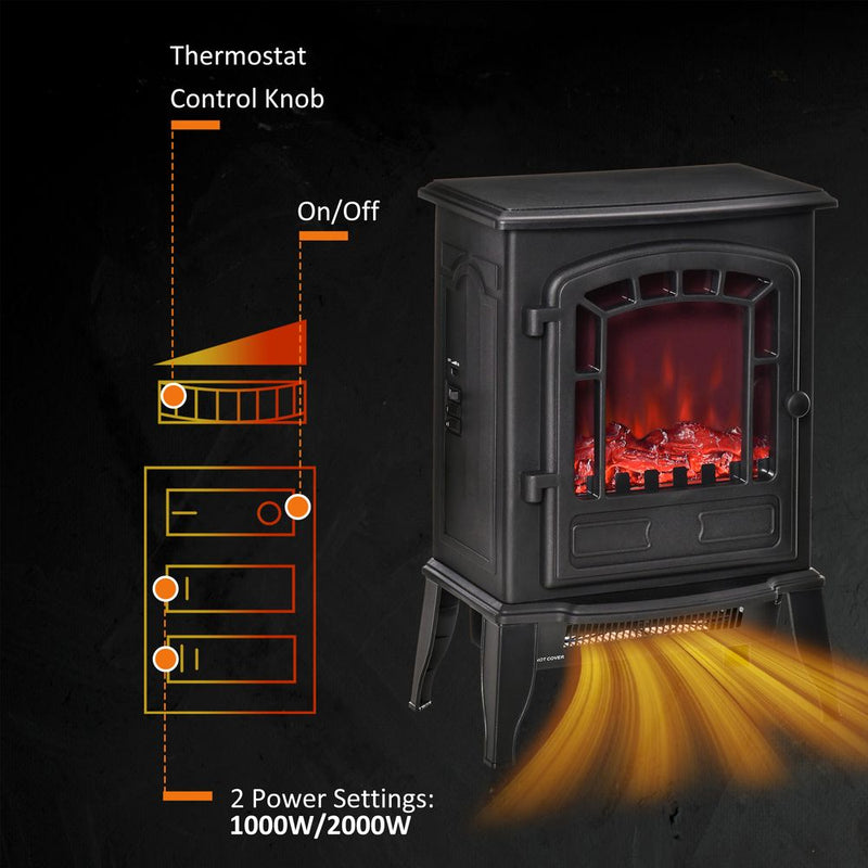 HOMCOM Free standing Electric Fireplace Stove, Fireplace Heater with Realistic Flame Effect, Overheat Safety Protection, 1000W/2000W, Black