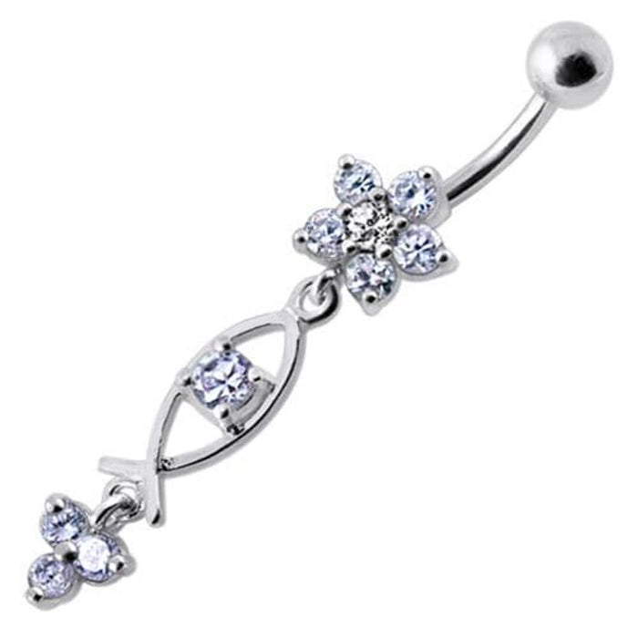 Silver Fancy Jeweled Dangling Flower With SS Banana Bar Navel Ring