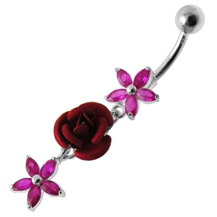 Center Rose Jeweled Dangling Belly Ring