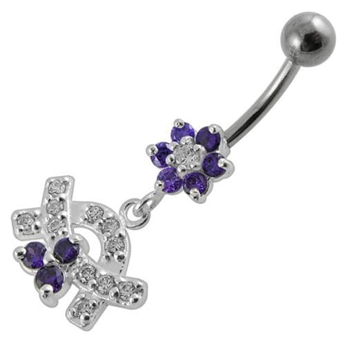 Jeweled Curve With Flower Silver Dangling Banana Bar Navel Belly Ring