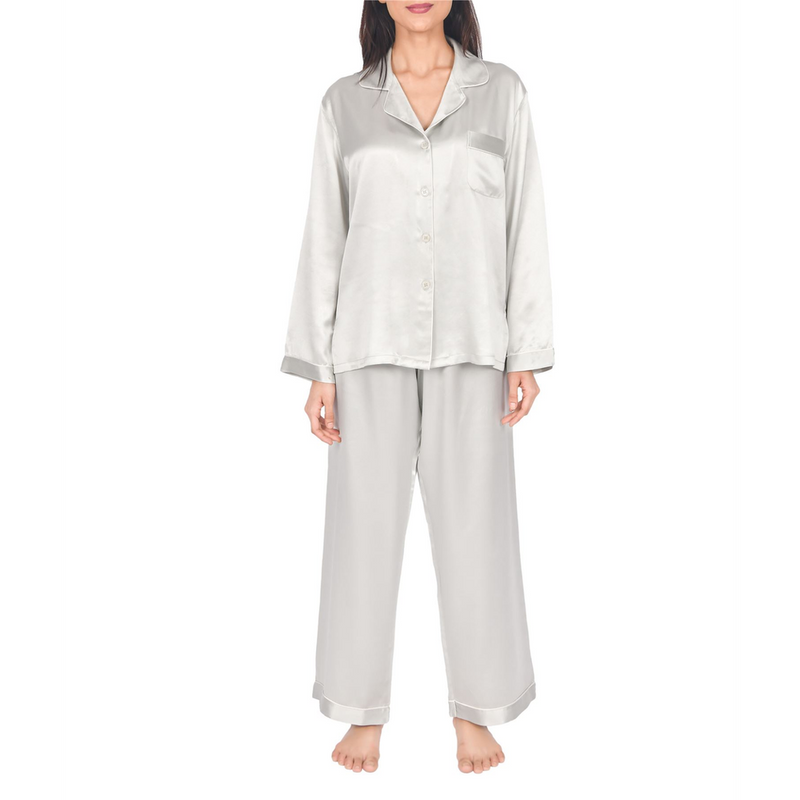 SILK PJS LONG SETS LADIES LARGE SILVER Pyjamas
