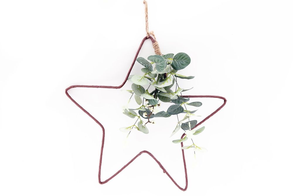 Hanging Wire Star w/ Eucalyptus Detail - Rustic Christmas Decoration - 33cm Diameter