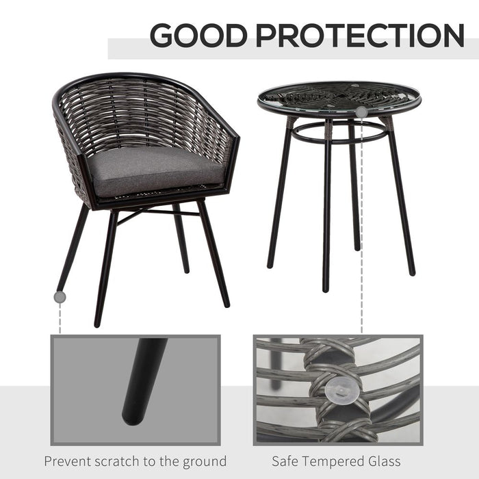 Premium Grey Rattan Bistro Set - 2 Chairs & 1 Coffee Table - Outdoor & Patio Furniture