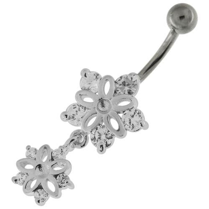 Jeweled Twin Flowers Sterling Silver Belly Button Ring