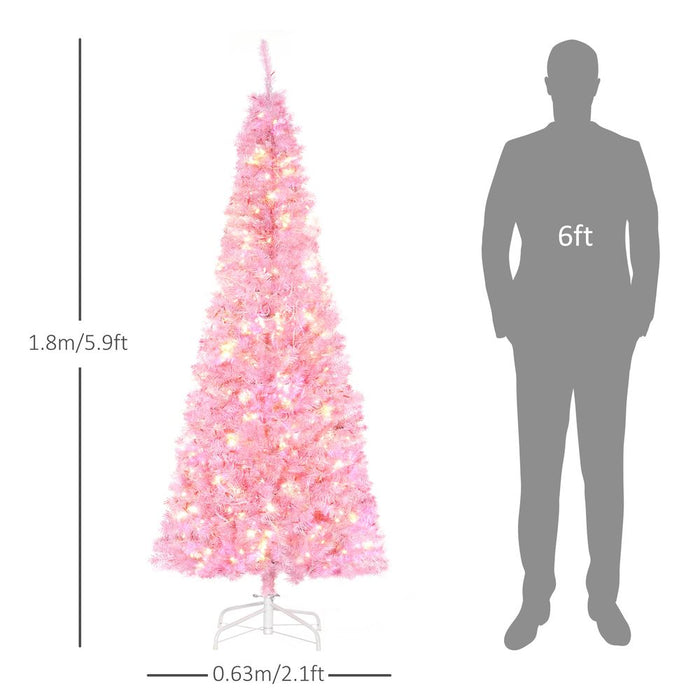 6FT Pre-lit Pink Artificial Christmas Tree - 300 LED Lights - Flame Retardant PVC - Easy Assembly - Metal Base Included