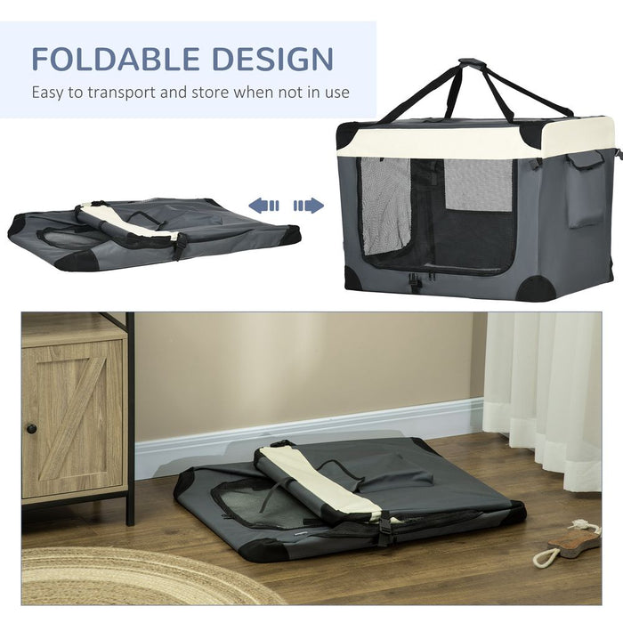 Foldable Grey Pawhut Pet Carrier - 91cm, Large Dogs and Cats, Cushion, Easy Access, Travel & Home Use