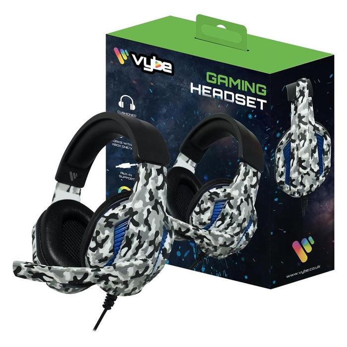 Vybe Camo Gaming Headset - PS, Xbox & PC - AUX-in Support - Artic Grey - LED Lights - Compatible - User Manual