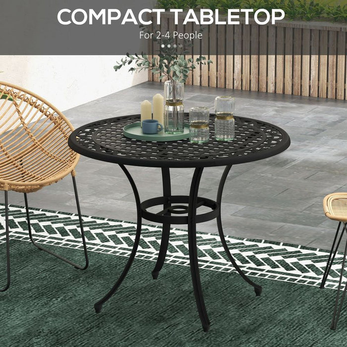 Outsunny Garden Table, Cast Aluminium Frame - Black. Parasol Hole, Seats 2-4