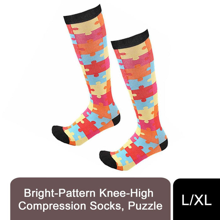 Flo Fashion Bright Pattern Knee-High Compression Sock, Puzzle, L/XL