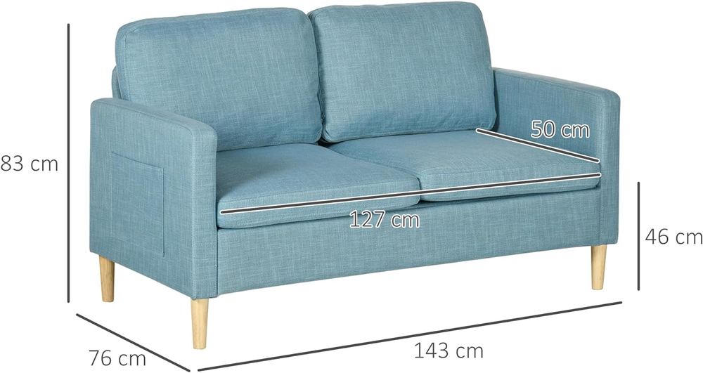 HOMCOM 2 Seater Sofa Modern Fabric Couch with Wood Legs and 2 Pockets Blue