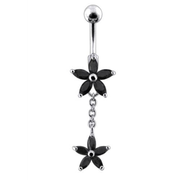 Fancy Jeweled Double Flower Dangling SS Banana Bar Navel Ring