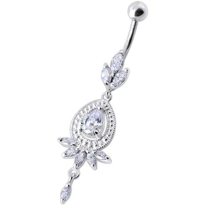 Fancy stone centered Jewel Dangling SS Bar Belly Ring