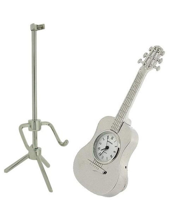 Silver Plated Guitar Clock - Solid Brass, Free-Standing, Miniature, High Quality - CLEARANCE, NEEDS RE-BATTERY