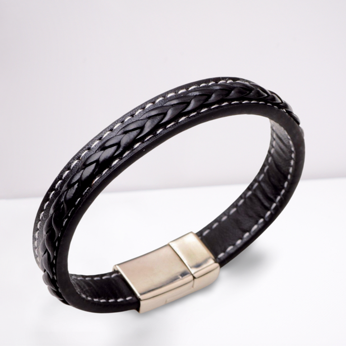 Premium Black Leather Bracelet: Men's Faux, Magnetic Clasp, Great Gift Option