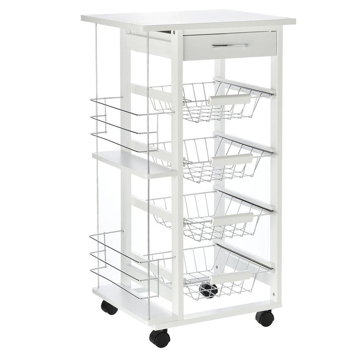 Compact White Kitchen Island Trolley - Multifunctional Storage Cart with Metal Baskets & Wheels