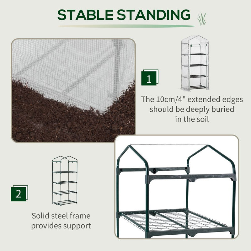 4 Tier Mini Greenhouse, Portable with Steel Frame, PE Cover, 160x69x50cm