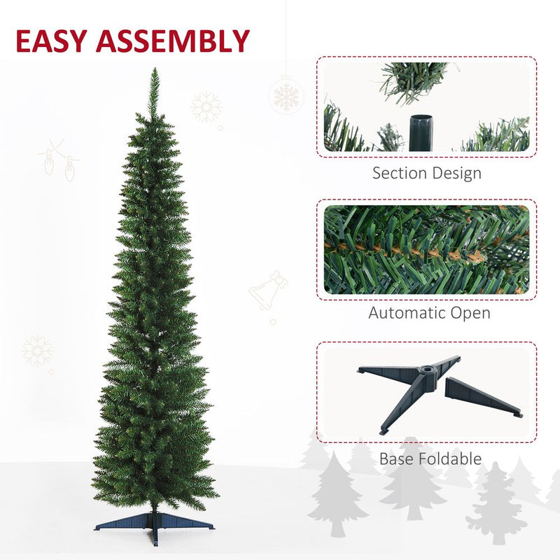 2.1m 7ft Artificial Pine Pencil Slim Christmas Tree 499 Branch Tips with Stand