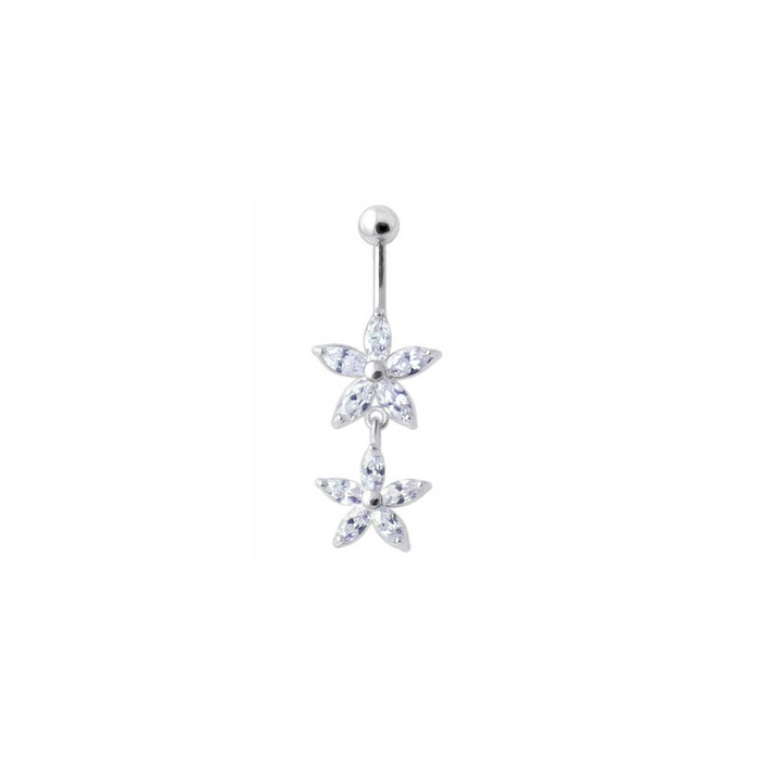 Jeweled Multi Flower Silver Dangling Belly Button Ring