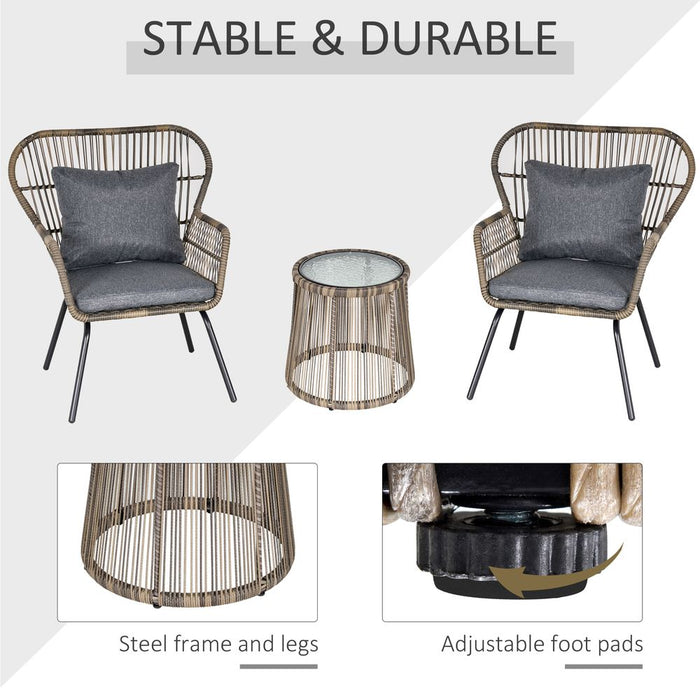 Modern Grey Rattan Patio Set - 3 PCS Outdoor Seating w/ Cushions & Steel Frame - High Quality