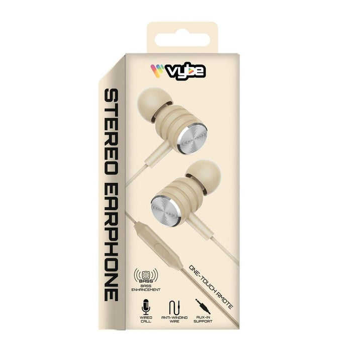 Premium Cream Vybe Bass One-Touch Remote AUX Stereo Earphones