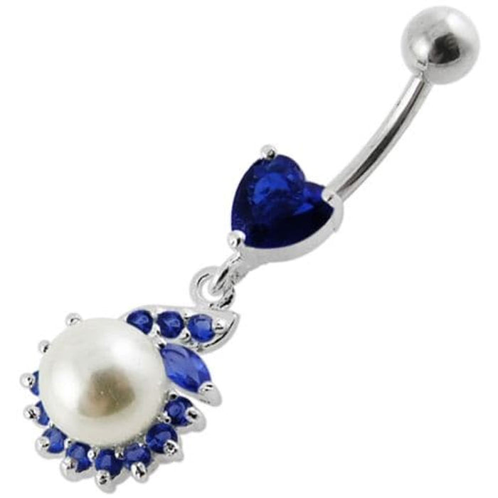 Jeweled Heart Pearl Dangling Navel Ring