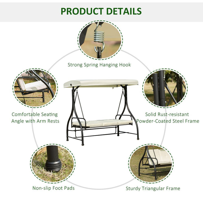 Outdoor Swing Chair - 185L*125D*173H cm - Beige/Black - Metal Frame - Canopy - Cushions - 3 Person Seating - High Load Capacity - Assembly Required