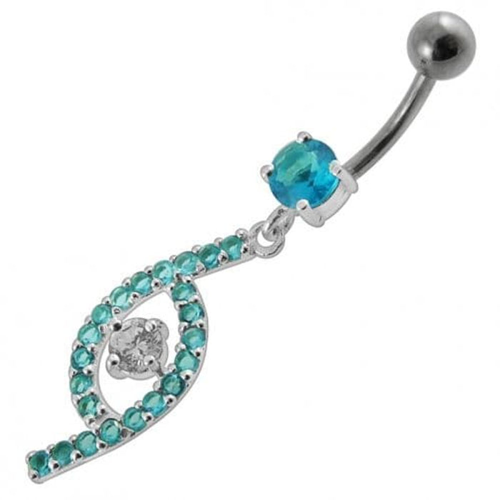 Jeweled Fancy Silver Dangling SS Bar Curved Navel Ring