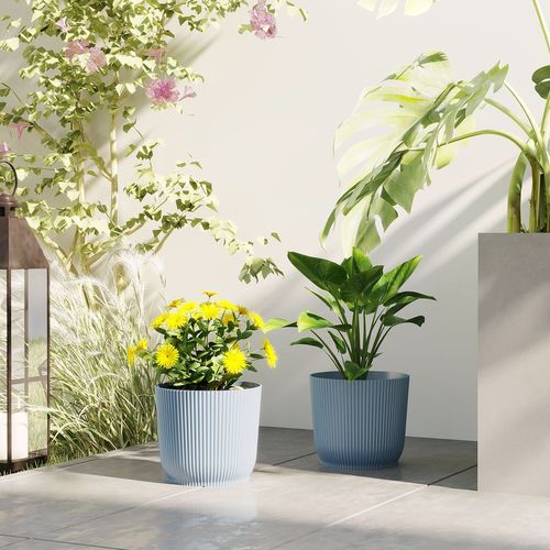 Outsunny Set of 2 Round Plant Pots Outdoor 22cm for Garden Decoration, Blue