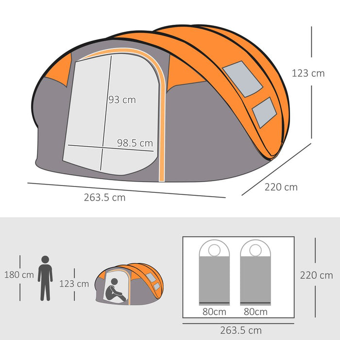 Premium Lightweight 4-5 Person Camping Tent | Pop-Up Dome with Windows | High-Quality Orange Outsunny