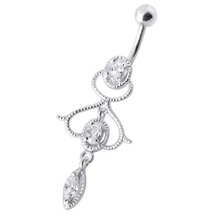 Fancy Jeweled Silver Dangling With Banana Bar Navel Ring