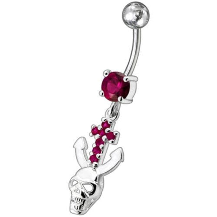 Jeweled Dangling Navel Ring With Fancy Devil Skull