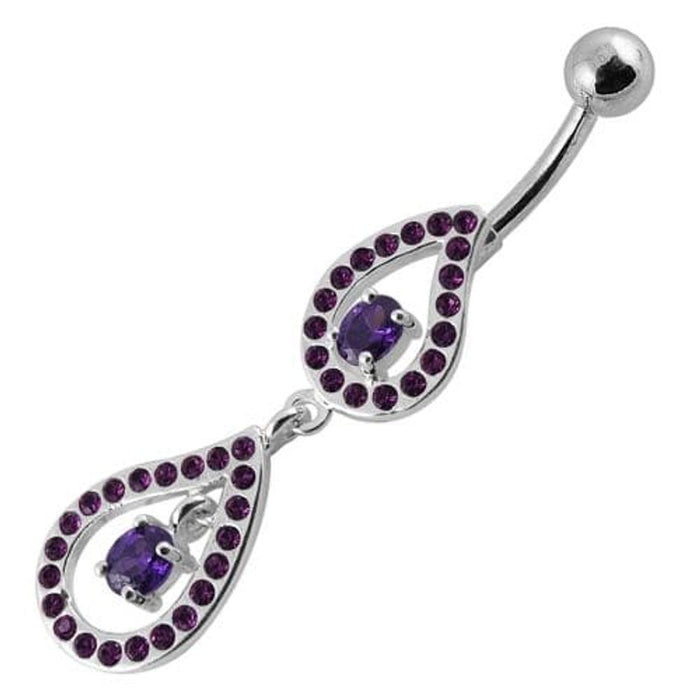 Fancy Pear Shape Jeweled Dangling SS Bar Navel Ring