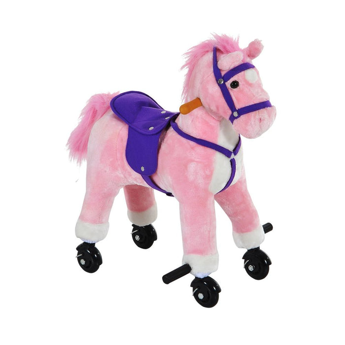 Wheeled Rocking Horse Ride-On Toy: Plush, Sound, HOMCOM. Perfect for Children. High Quality. 4 Wheels. Saddle. Fun!