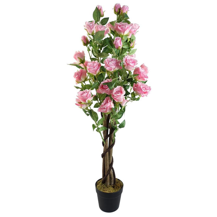 Premium 105cm Pink Rose Tree - Lifelike Artificial Flowers - Natural Wood Trunk