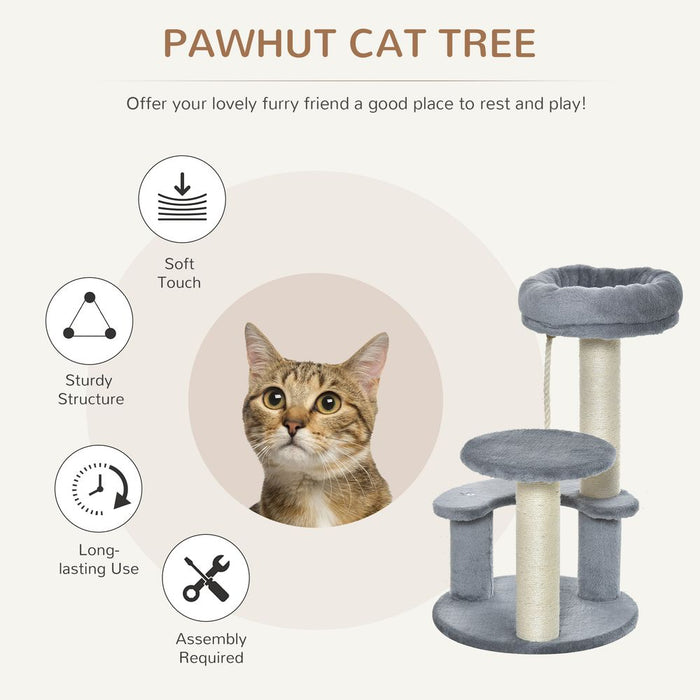 Pawhut 65 cm Cat Tree Kitty Scratcher Kitten Activity Center Scratching Post Playhouse 2 Perch w/Hanging Sisal Rope Grey