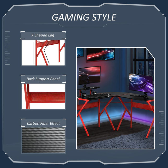 Premium Gaming Desk: L-Shaped PC Workstation, Monitor Stand, 49.25" x 49.25" x 29.5", Red