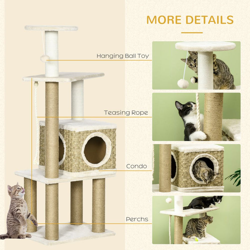 PawHut Cat Tree Climbing Kitten Tower Activity Centre for Indoor Cats w/Jute Scratching Post, Cat House, Kitten Stand, Hanging Toy Ball - Beige
