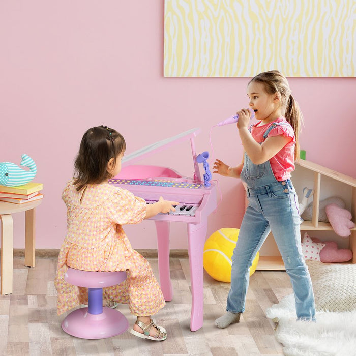 Safe & Interactive 37-Key Mini Piano Keyboard Microphone Stool for Kids - Pink