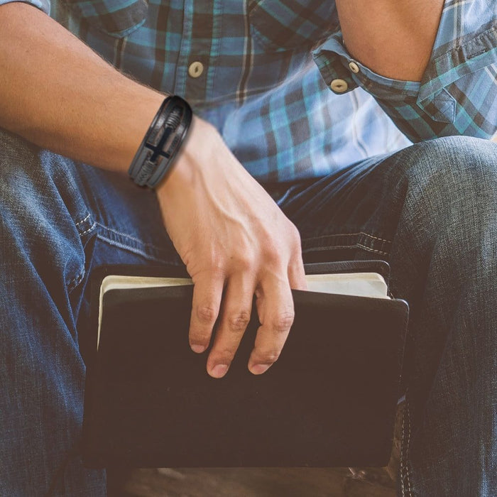 Men's Black Leather Cross Bracelet | Ideal Birthday or Christmas Gift